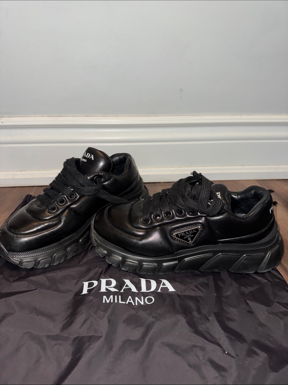 PRADA Black Leather Chunky Sole Sneakers